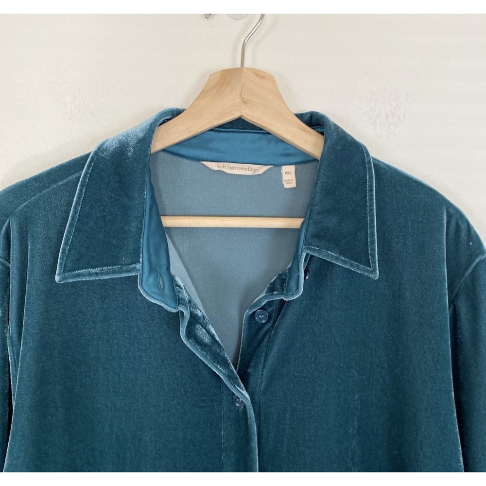 Soft Surroundings Teal Blue Velvet Button Down Shirt Petite PXL Soft Luxe S - Picture 4 of 8